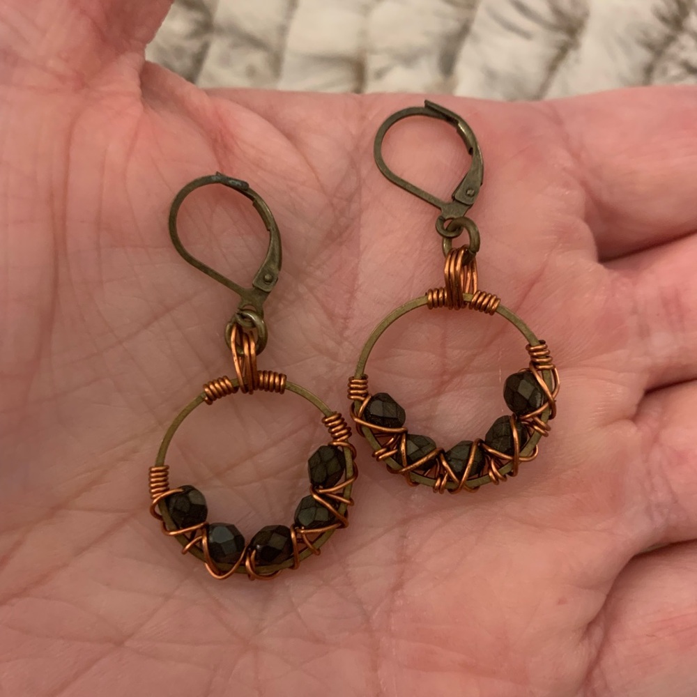 NWT- Handmade czech glass wire wrapped earrings in antiqued brass